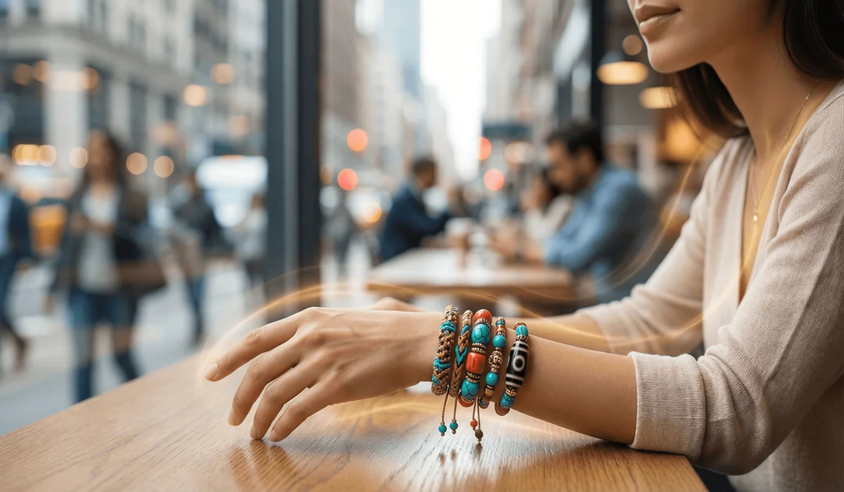 Tibetan Protection Bracelets for Empaths: Shielding Your Energy from Negativity 2 - Buddha Bodhis A woman wearing Tibetan protection bracelets on her left wrist to shield her energy field in a crowded environment.