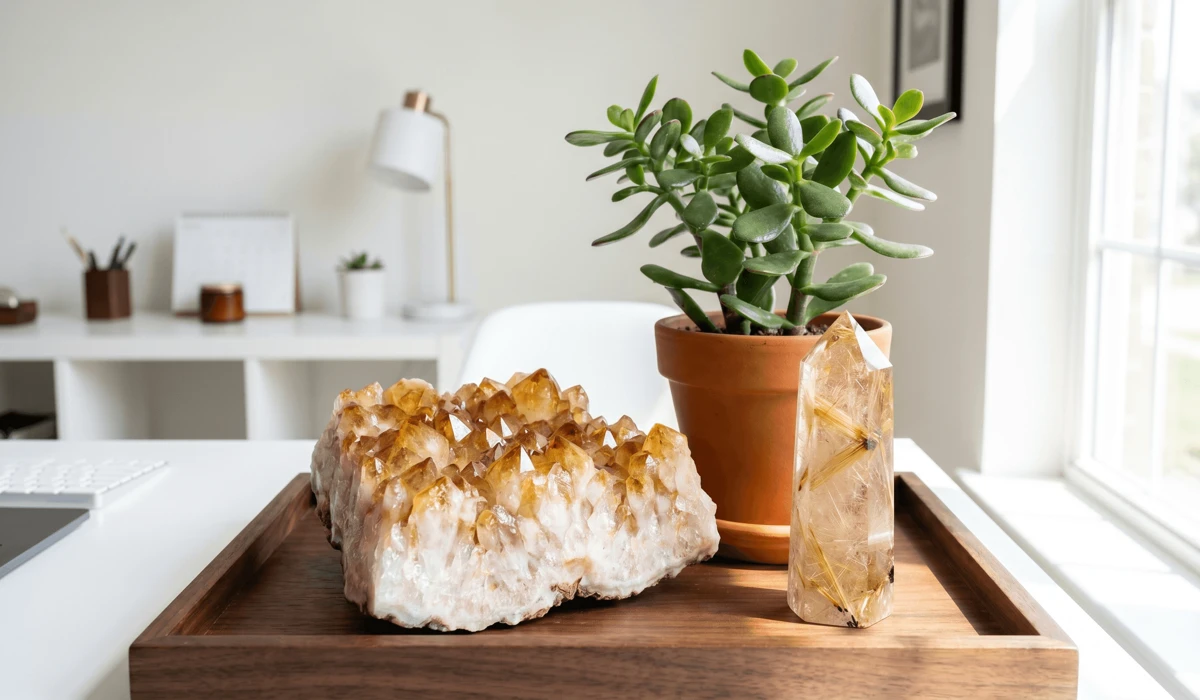 The Meaning of Yellow in Feng Shui: Inviting Abundance and Joy Into Your Home 4 - Buddha Bodhis Feng Shui wealth corner arrangement featuring natural citrine and gold rutilated quartz to attract financial prosperity.