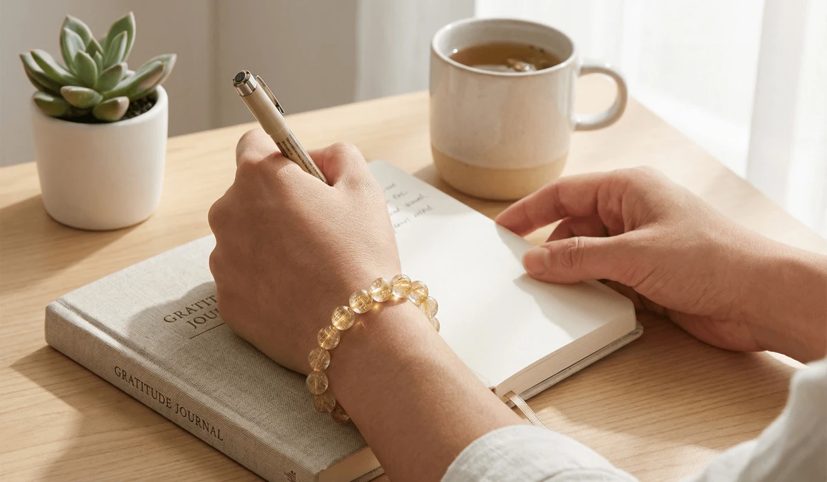 The Meaning of Yellow in Feng Shui: Inviting Abundance and Joy Into Your Home 2 - Buddha Bodhis A Gold Rutilated Quartz bracelet worn on the wrist to manifest success and professional focus in a Feng Shui practice.