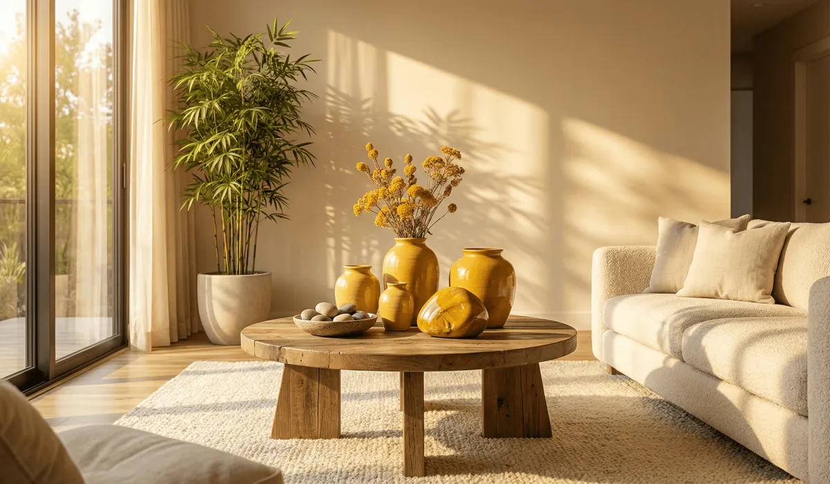 The Meaning of Yellow in Feng Shui: Inviting Abundance and Joy Into Your Home - Buddha Bodhis A sun-drenched modern living room featuring yellow Earth element decor to symbolize Feng Shui abundance and stability.