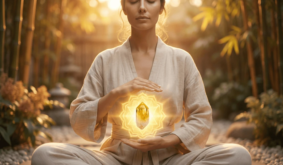 The Meaning of Yellow in Feng Shui: Inviting Abundance and Joy Into Your Home 1 - Buddha Bodhis Meditation with a yellow citrine crystal to activate the solar plexus chakra for personal power and confidence.