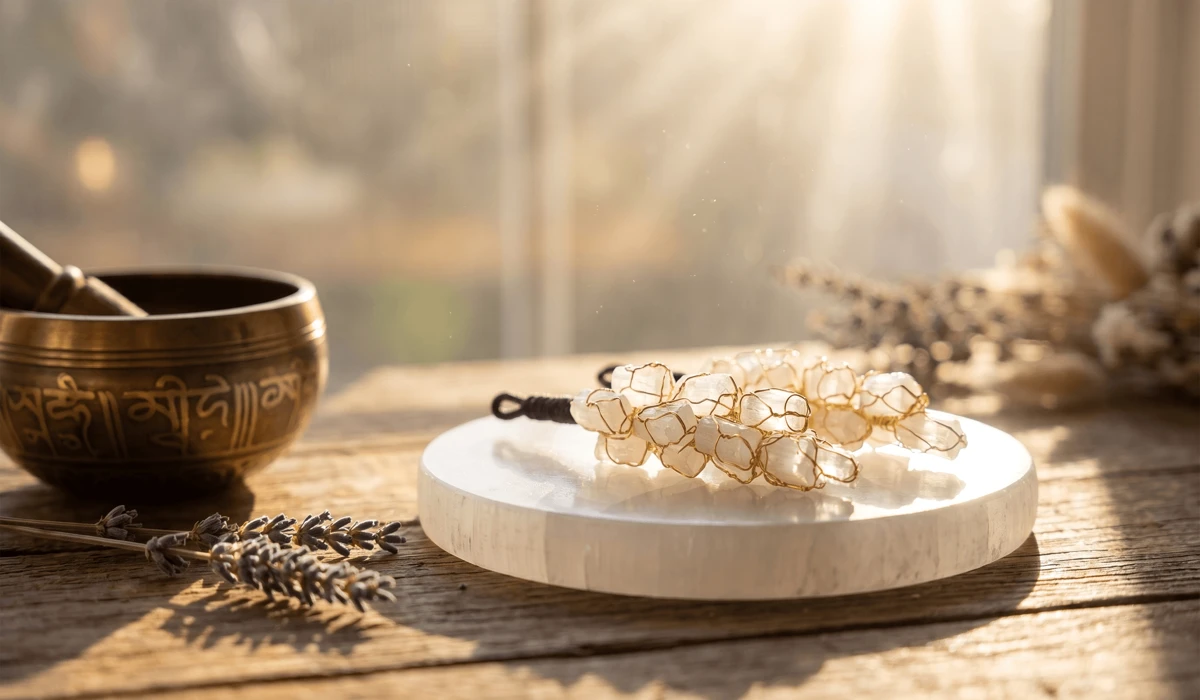 How to Choose the Best Earrings for a Distraction-Free Meditation Practice 4 - Buddha Bodhis Meditation earrings being energetically charged on a Selenite plate with spiritual ritual items.