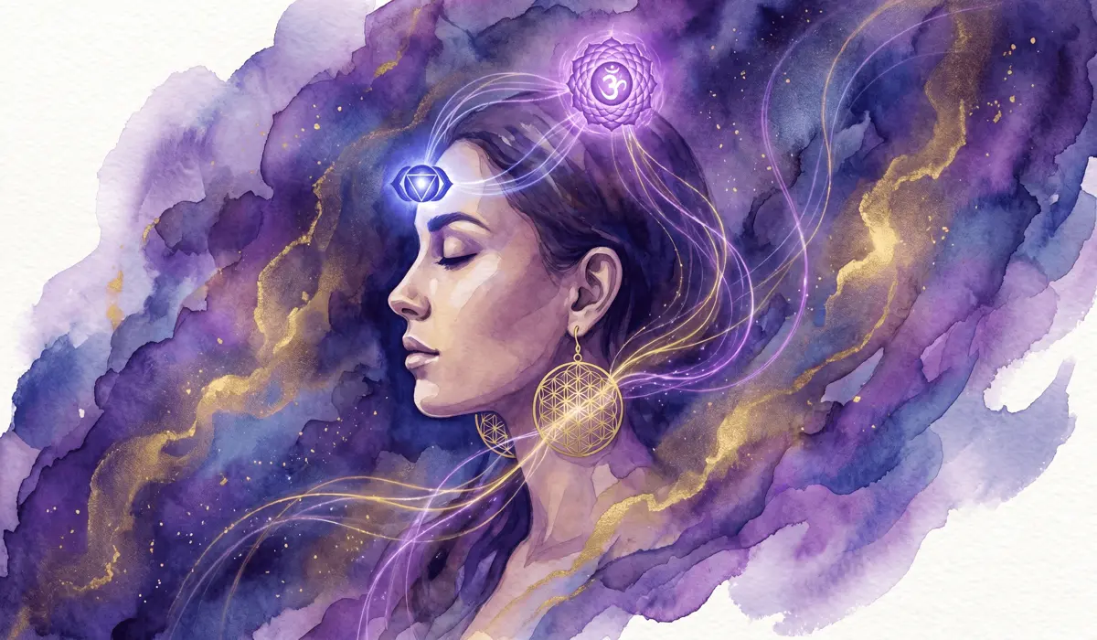 How to Choose the Best Earrings for a Distraction-Free Meditation Practice 1 - Buddha Bodhis Conceptual illustration of meditation earrings aligning with the Third Eye and Crown Chakras.