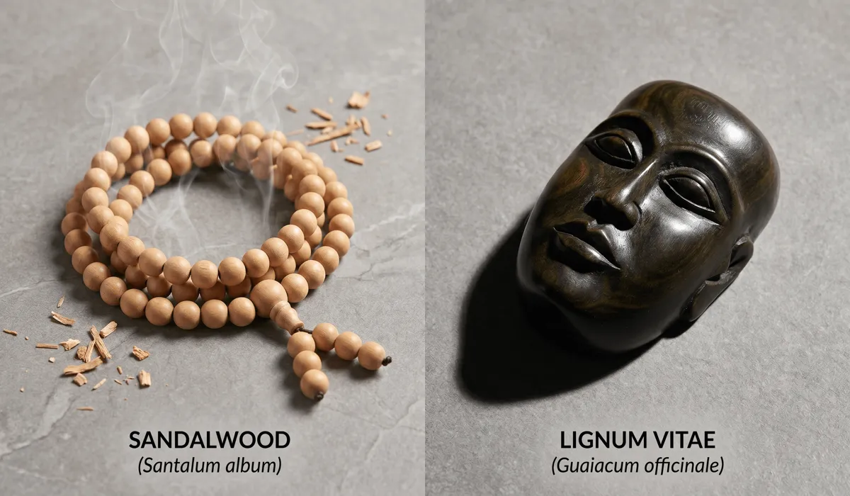 The Spiritual Essence of Lignum Vitae: Creating a Sacred Zen Meditation Space 2 - Buddha Bodhis Visual comparison between light Sandalwood and dense, dark Lignum Vitae wood textures.