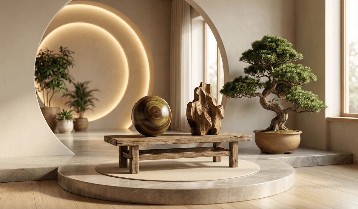 The Spiritual Essence of Lignum Vitae: Creating a Sacred Zen Meditation Space - Buddha Bodhis A dedicated Zen meditation space featuring Lignum Vitae wood elements and a polished sphere on a minimalist altar.