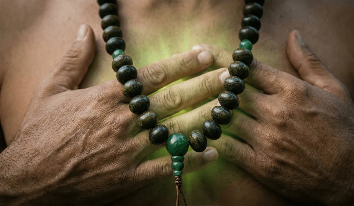 The Spiritual Essence of Lignum Vitae: Creating a Sacred Zen Meditation Space 1 - Buddha Bodhis Close-up of Lignum Vitae prayer beads being held for heart chakra grounding and spiritual endurance.