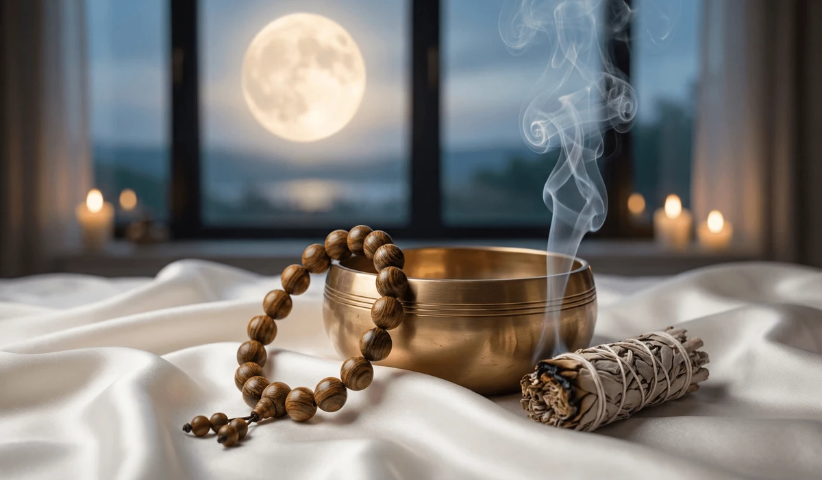 The Spiritual Essence of Lignum Vitae: Creating a Sacred Zen Meditation Space 4 - Buddha Bodhis Lignum Vitae prayer beads being purified with smoke and moonlight in a spiritual cleansing ritual.