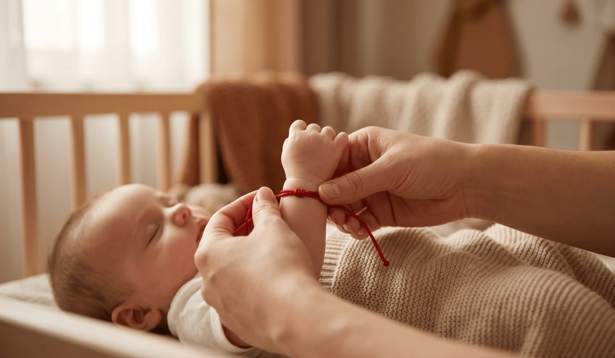 Red String Bracelets for Children: Meaning, Safety, and Traditions of Protection - Buddha Bodhis A mother tying a red string protection bracelet on an infant's wrist for spiritual grounding.
