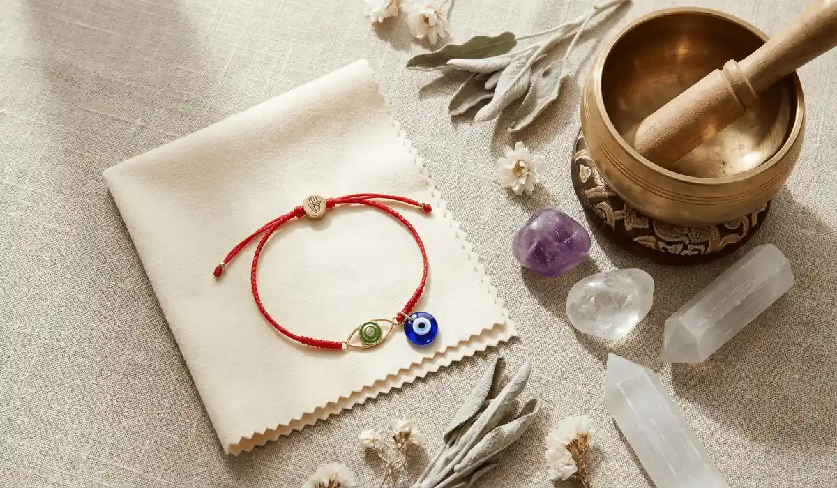 Red String Bracelets for Children: Meaning, Safety, and Traditions of Protection 4 - Buddha Bodhis A handmade red string bracelet with an evil eye charm and cleansing tools for spiritual maintenance.
