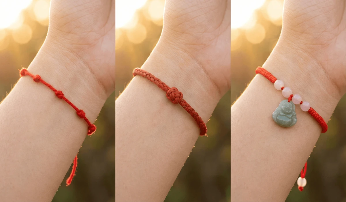 Red String Bracelets for Children: Meaning, Safety, and Traditions of Protection 1 - Buddha Bodhis Cultural variations of red string bracelets including Kabbalah, Buddhist, and Feng Shui styles.