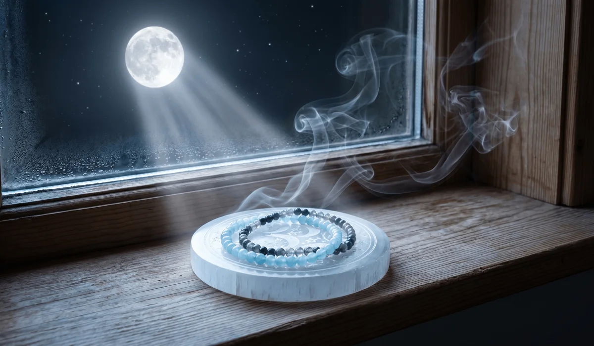 Feng Shui Bracelet Guide: Choosing Between Protection and Wealth Benefits 4 - Buddha Bodhis A Feng Shui bracelet being cleansed on a Selenite plate under moonlight for spiritual purification and charging.
