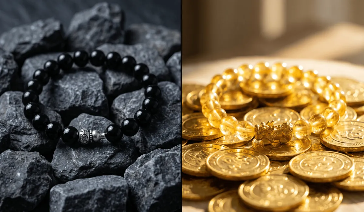 Feng Shui Bracelet Guide: Choosing Between Protection and Wealth Benefits - Buddha Bodhis Comparison between a Black Obsidian protection bracelet and a Citrine wealth bracelet with a Pixiu symbol.