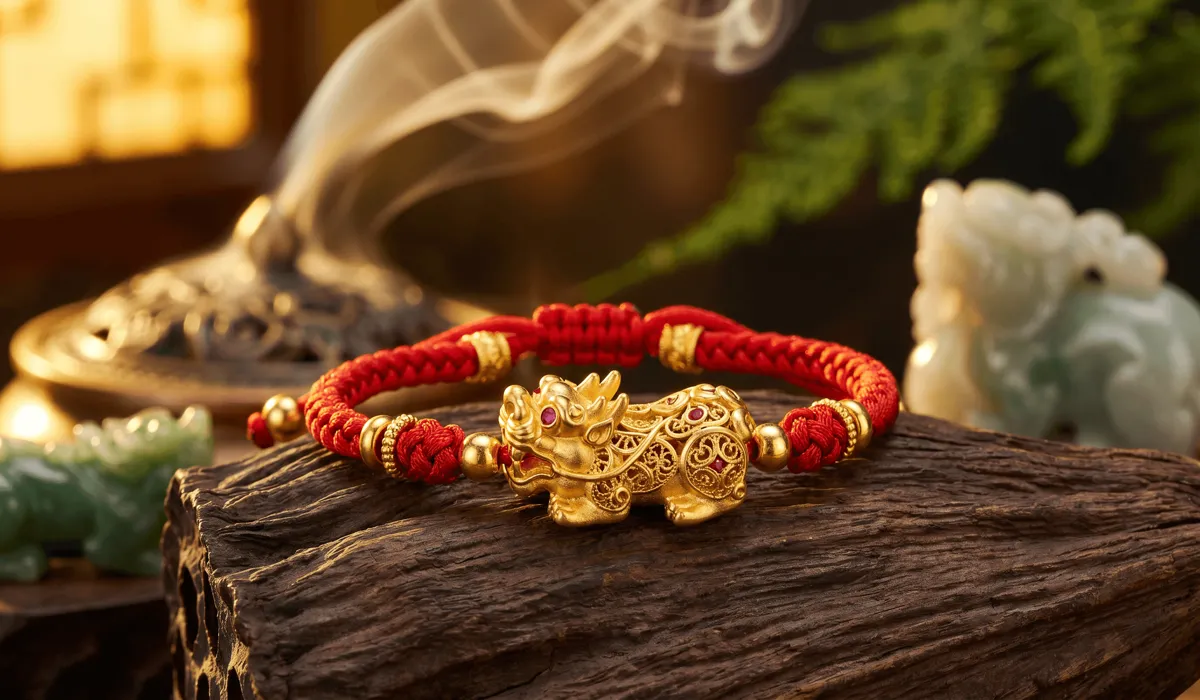 Feng Shui Bracelet Guide: Choosing Between Protection and Wealth Benefits 1 - Buddha Bodhis Detailed close-up of a golden Pixiu wealth symbol on a Feng Shui bracelet representing prosperity and abundance.