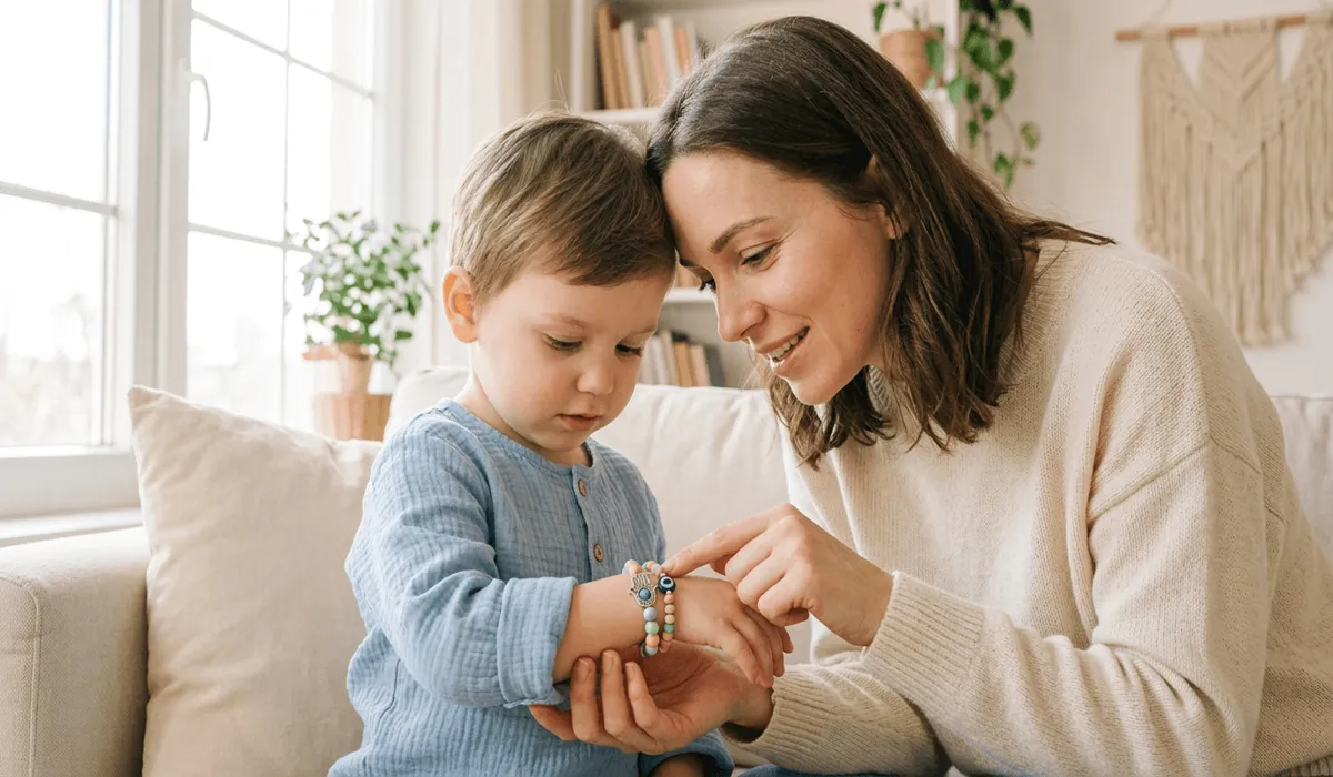 How to Cleanse and Charge Your Child’s Spiritual Jewelry - Buddha Bodhis A mother and child bonding over a protective spiritual bracelet with a Hamsa charm, symbolizing family connection and spiritual protection.