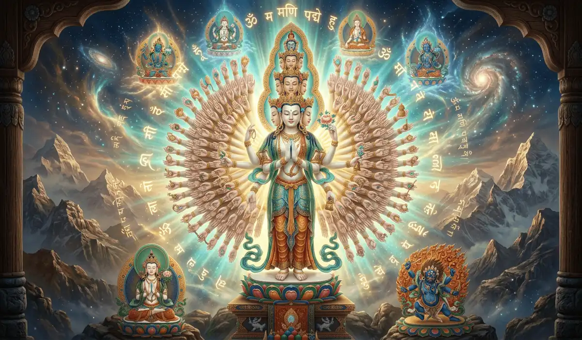 Om Mani Padme Hum: Understanding the Sacred Sound of the Universe - Buddha Bodhis A divine representation of Avalokiteshvara with a thousand arms symbolizing infinite compassion and the origins of the Om Mani Padme Hum mantra.