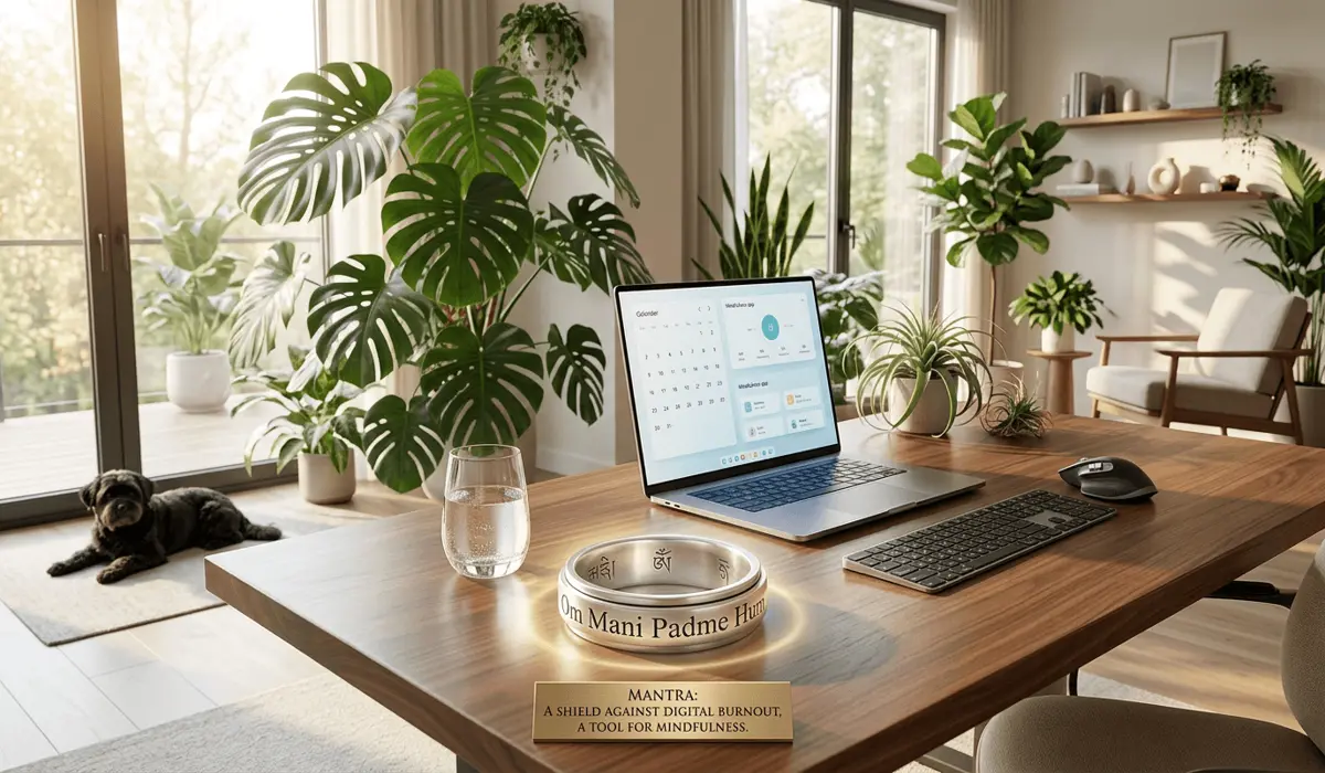 Om Mani Padme Hum: Understanding the Sacred Sound of the Universe 3 - Buddha Bodhis Modern home office setup featuring Om Mani Padme Hum jewelry as a mindfulness anchor to prevent digital fatigue.