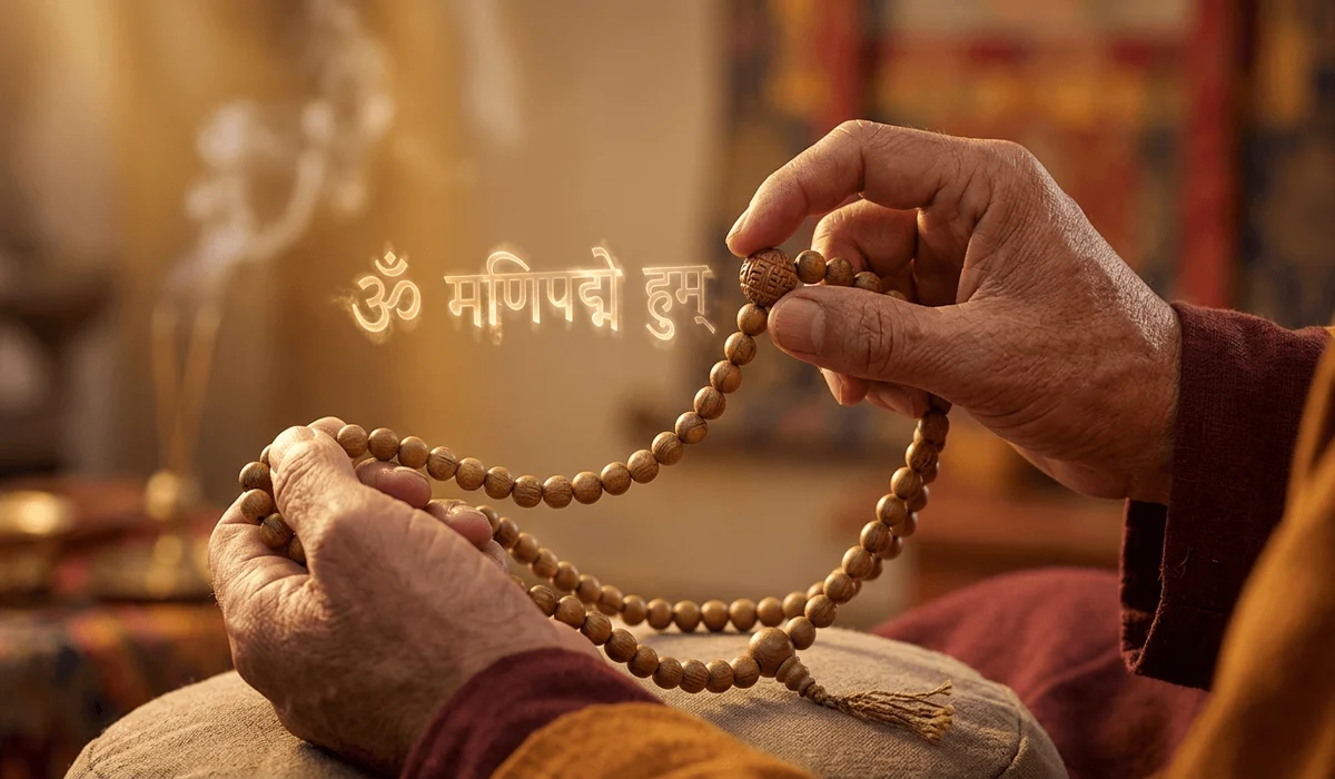 Om Mani Padme Hum: Understanding the Sacred Sound of the Universe 5 - Buddha Bodhis Close-up of hands using mala beads for Om Mani Padme Hum meditation, illustrating vibrational healing and ritual practice.