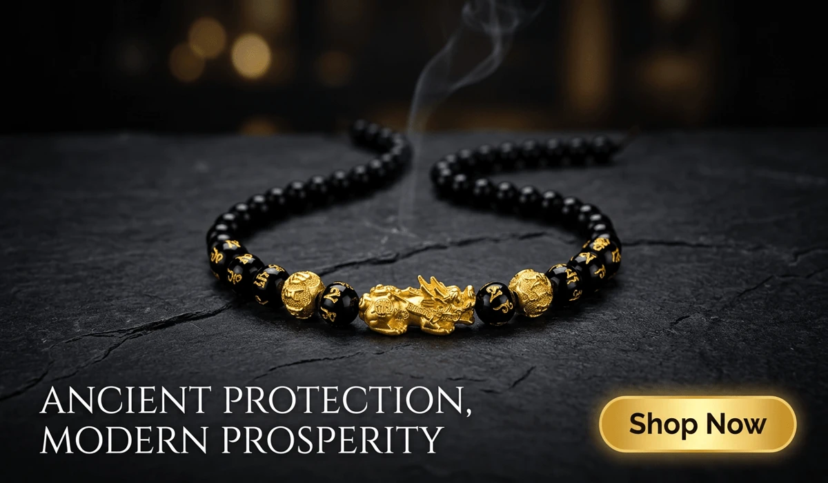 Om Mani Padme Hum: Understanding the Sacred Sound of the Universe 4 - Buddha Bodhis Natural Black Obsidian Pixiu Necklace with Gold Om Mani Padme Hum Mantra for Wealth and Protection, high-end Feng Shui jewelry blog illustration with Shop Now button