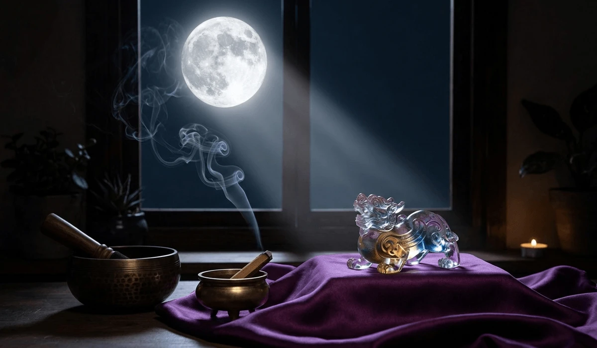 Liuli Pixiu Meaning: A Guide to Attracting Wealth and Prosperity 4 - Buddha Bodhis Liuli Pixiu talisman being cleansed under moonlight with incense smoke, showing how to care for and recharge its wealth energy.