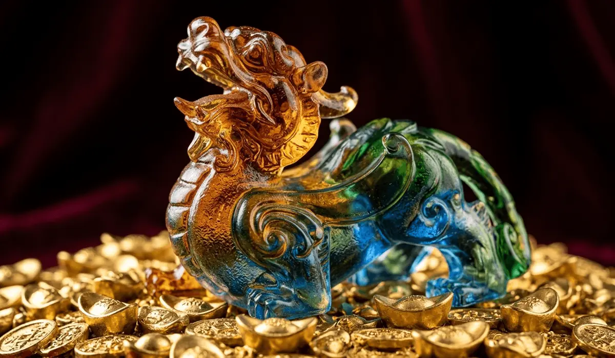 Liuli Pixiu Meaning: A Guide to Attracting Wealth and Prosperity - Buddha Bodhis A vibrant Liuli Pixiu statue made of colored glaze sitting on gold ingots, symbolizing wealth attraction and ancient Chinese craftsmanship.