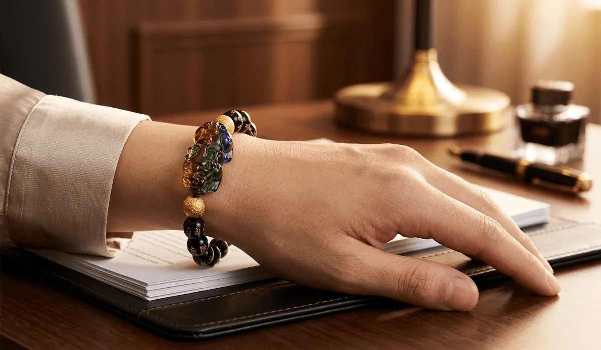 Liuli Pixiu Meaning: A Guide to Attracting Wealth and Prosperity 2 - Buddha Bodhis Close-up of a Liuli Pixiu bracelet worn on the left hand for wealth attraction, following traditional Feng Shui rules.
