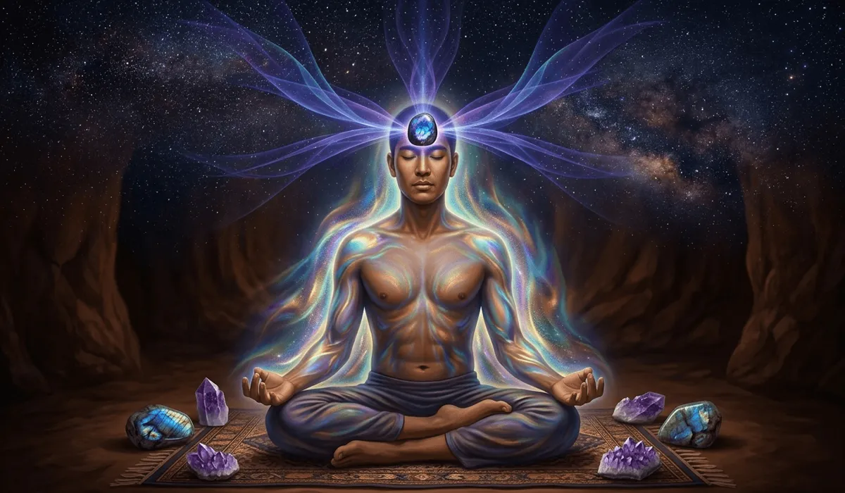 How to Use Labradorite for Aura Cleansing and Spiritual Meditation 1 - Buddha Bodhis Illustration of a person meditating with Labradorite to cleanse their aura and activate the Third Eye chakra.