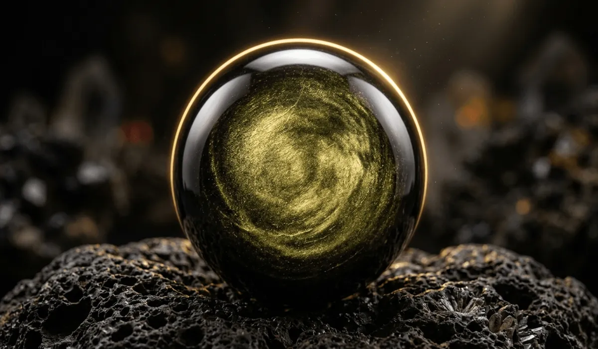 A Guide to Gold Sheen Obsidian: Enhancing Mental Clarity Through Meditation - Buddha Bodhis Macro view of a polished Gold Sheen Obsidian sphere showing the characteristic golden chatoyant shimmer and volcanic glass texture.