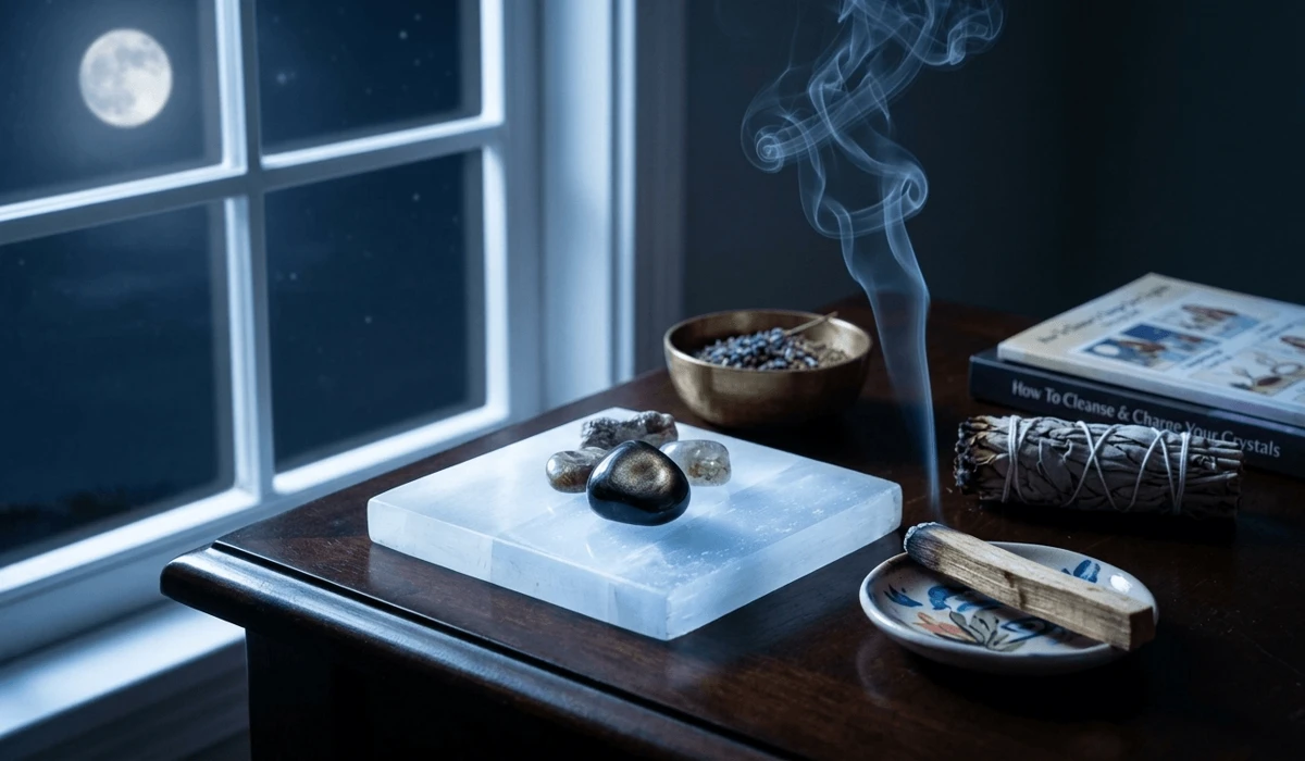 A Guide to Gold Sheen Obsidian: Enhancing Mental Clarity Through Meditation 4 - Buddha Bodhis Gold Sheen Obsidian crystal being cleansed with smoke and charged on a Selenite plate under moonlight.