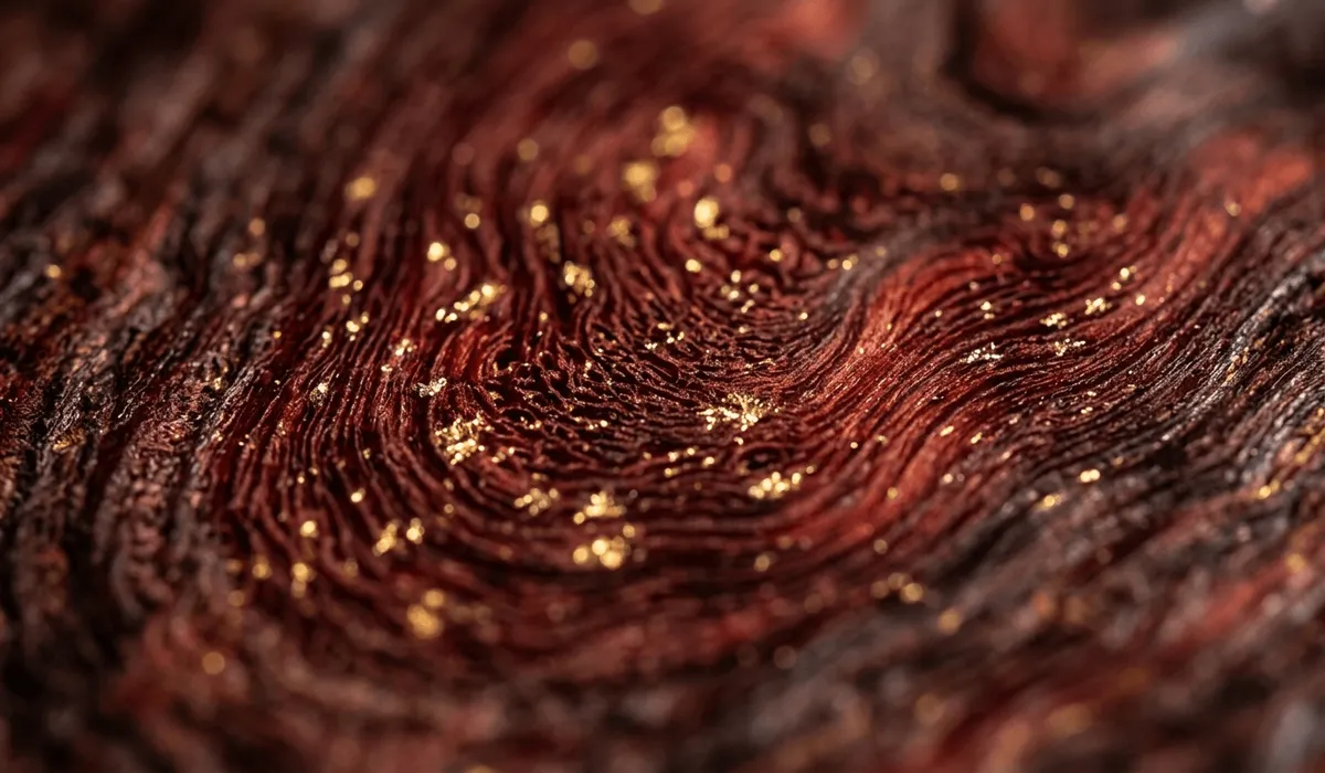 How to Identify Authentic Small Leaf Red Sandalwood: A Practical Guide for Enthusiasts - Buddha Bodhis Macro view of authentic Small Leaf Red Sandalwood showing ox-hair grain and gold star patterns.
