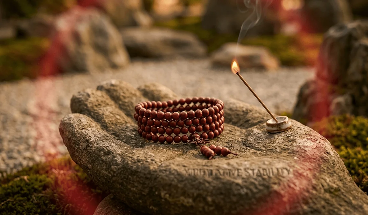 How to Identify Authentic Small Leaf Red Sandalwood: A Practical Guide for Enthusiasts 2 - Buddha Bodhis Small Leaf Red Sandalwood prayer beads in a Zen meditation setting symbolizing grounding and peace.
