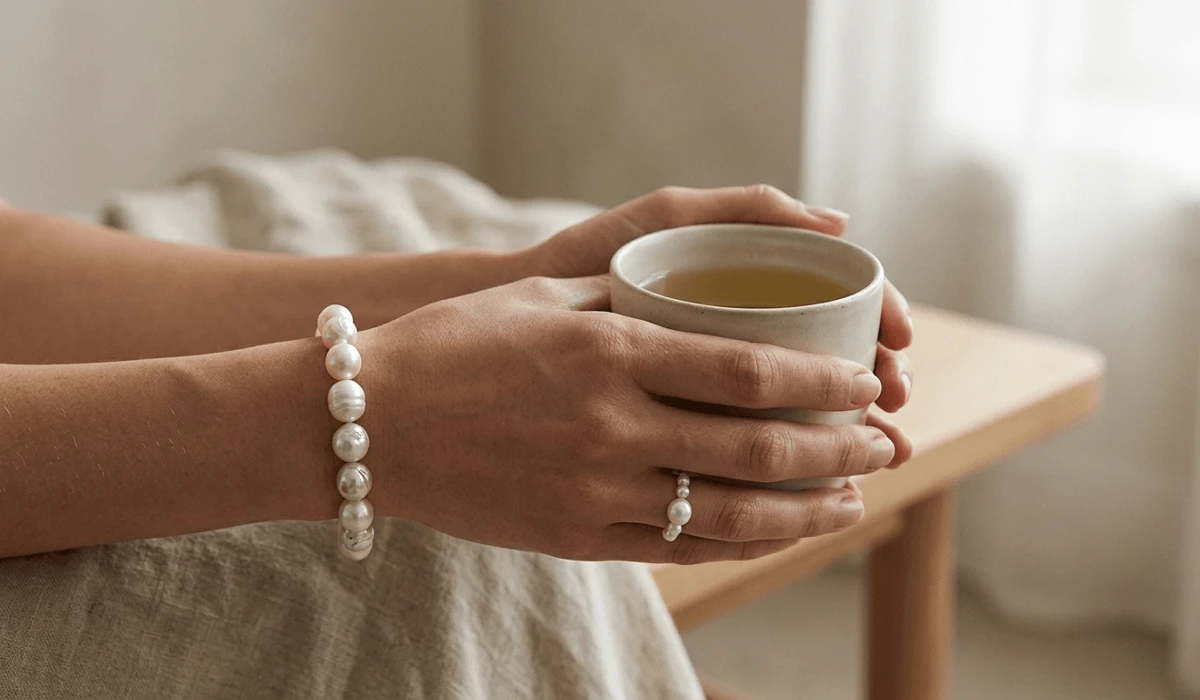 How to Tell if Pearls Are Real: A Practical Guide to Identification and the Tooth Test 2 - Buddha Bodhis A woman wearing authentic pearl jewelry on her left hand to internalize calming energy according to Feng Shui principles.