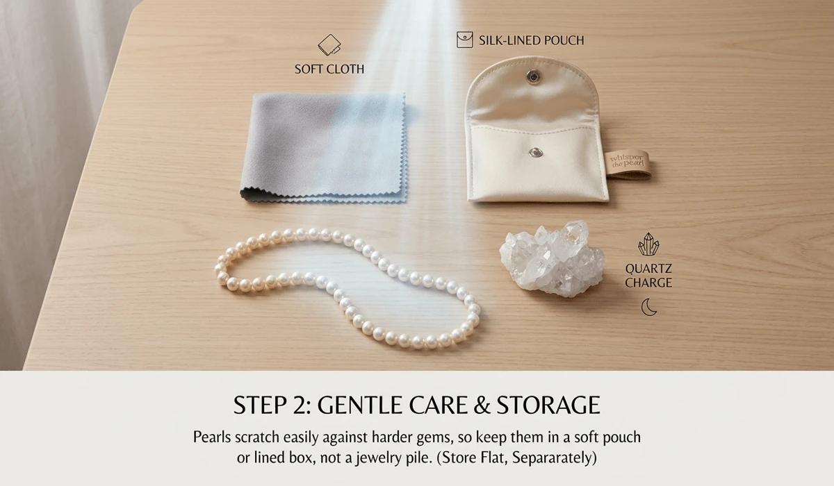 How to Tell if Pearls Are Real: A Practical Guide to Identification and the Tooth Test 4 - Buddha Bodhis A collection of pearl care items including a silk pouch, soft cloth, and quartz crystal for cleansing and charging real pearls.