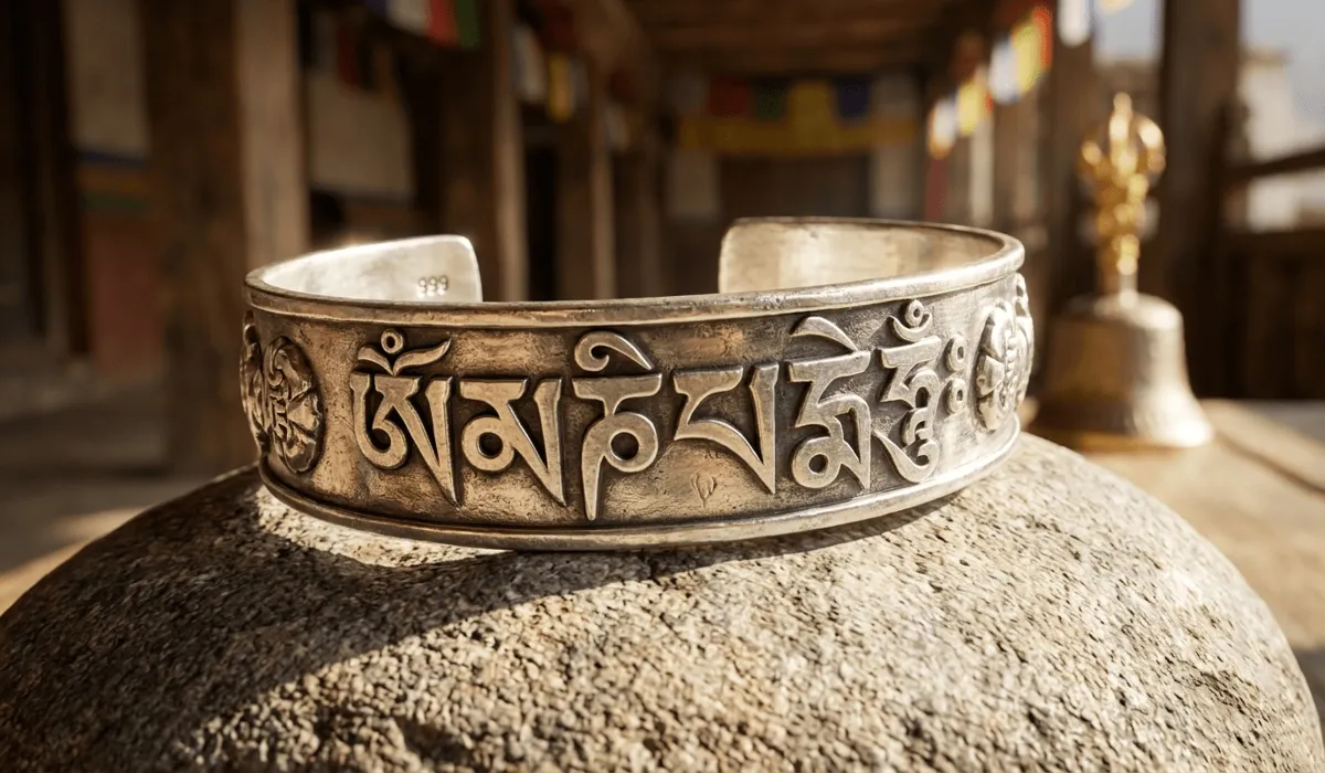 The Meaning and Spiritual Benefits of the Om Mani Padme Hum Bracelet - Buddha Bodhis Close-up of a silver Om Mani Padme Hum bracelet featuring intricate Tibetan mantra engravings for spiritual protection.