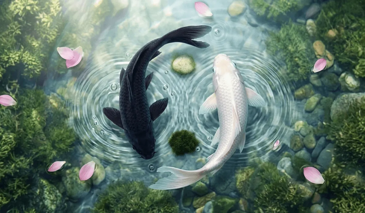 The Spiritual Meaning of Two Koi Fish: Symbolism of Harmony, Love, and Yin Yang 1 - Buddha Bodhis Two koi fish swimming in a circular motion forming a natural Yin Yang symbol representing spiritual harmony and balance.