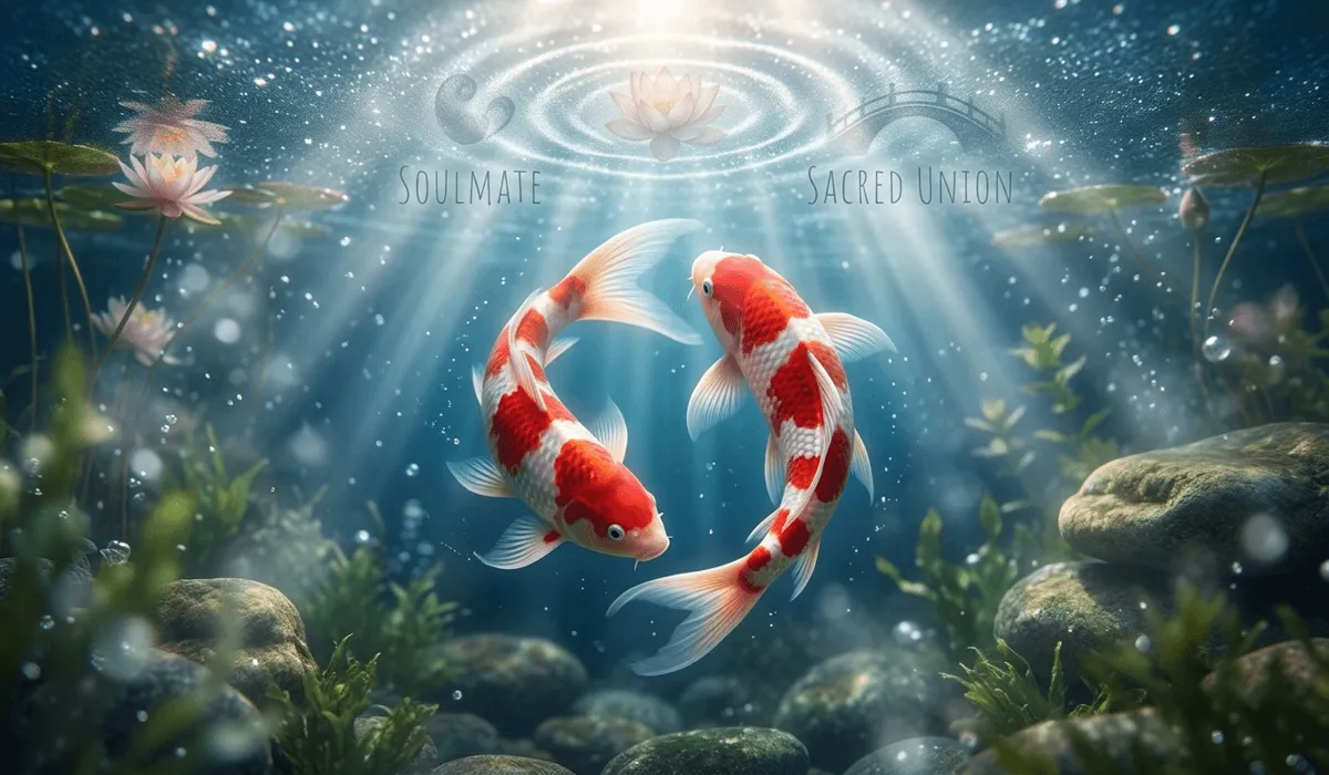 The Spiritual Meaning of Two Koi Fish: Symbolism of Harmony, Love, and Yin Yang 4 - Buddha Bodhis A pair of vibrant koi fish swimming in harmony symbolizing romantic love, soulmate connection, and the Pisces zodiac.