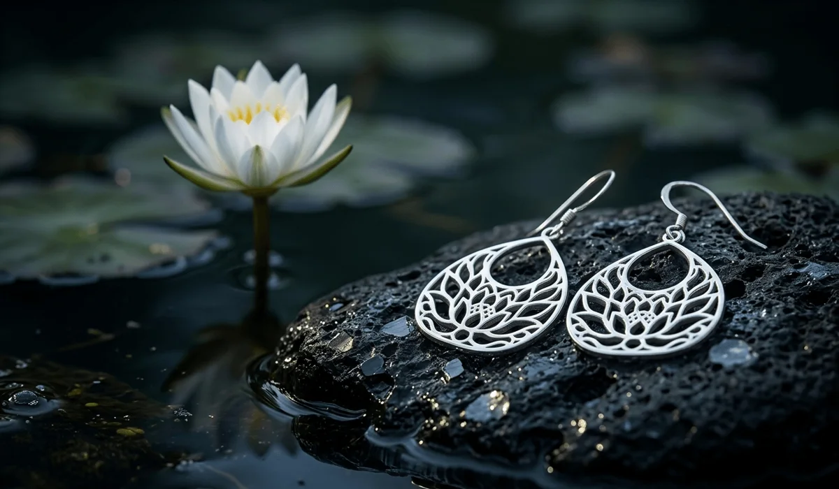The Spiritual Meaning of Lotus Flower Earrings: A Symbol of Purity and Awakening - Buddha Bodhis Elegant sterling silver lotus flower earrings symbolizing spiritual evolution and growth from murky waters.