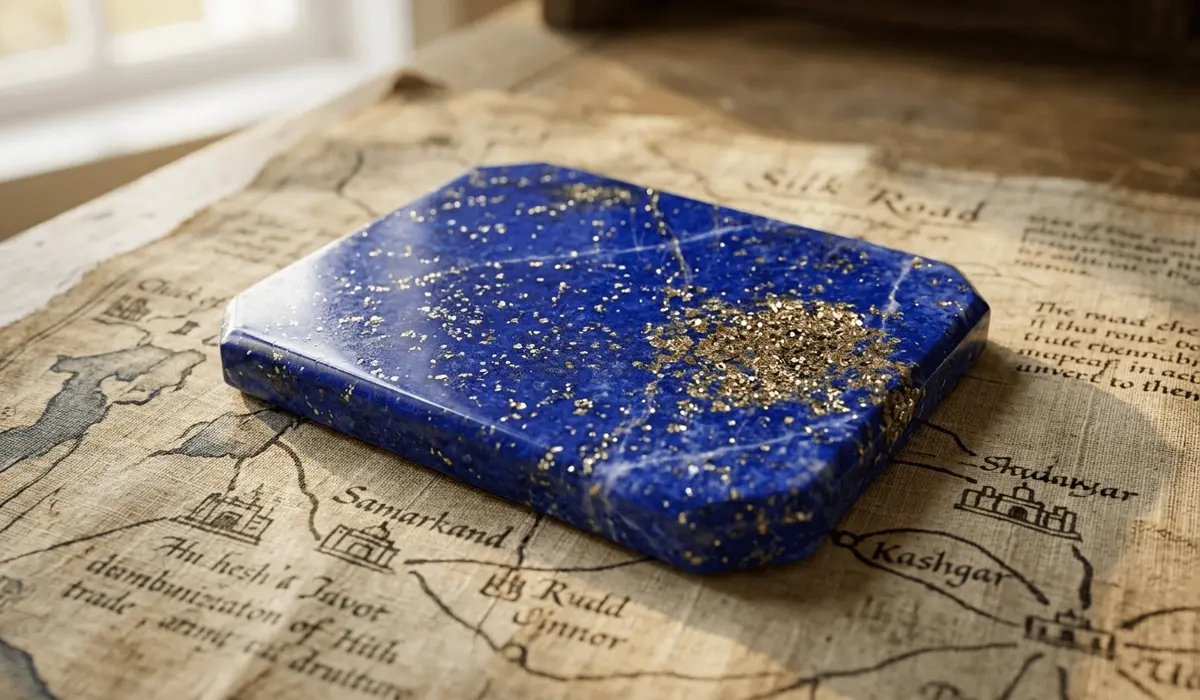 Lapis Lazuli Birthstone: Spiritual Meaning and History for September and December - Buddha Bodhis Close-up of a deep blue Lapis Lazuli stone showing golden pyrite inclusions and white calcite streaks.