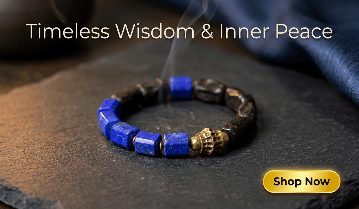 Lapis Lazuli Birthstone: Spiritual Meaning and History for September and December 4 - Buddha Bodhis Lapis Lazuli Ebony Bracelet for Grounded Wisdom jewelry collection, featured on a premium dark stone background with a bright gold Shop Now button.