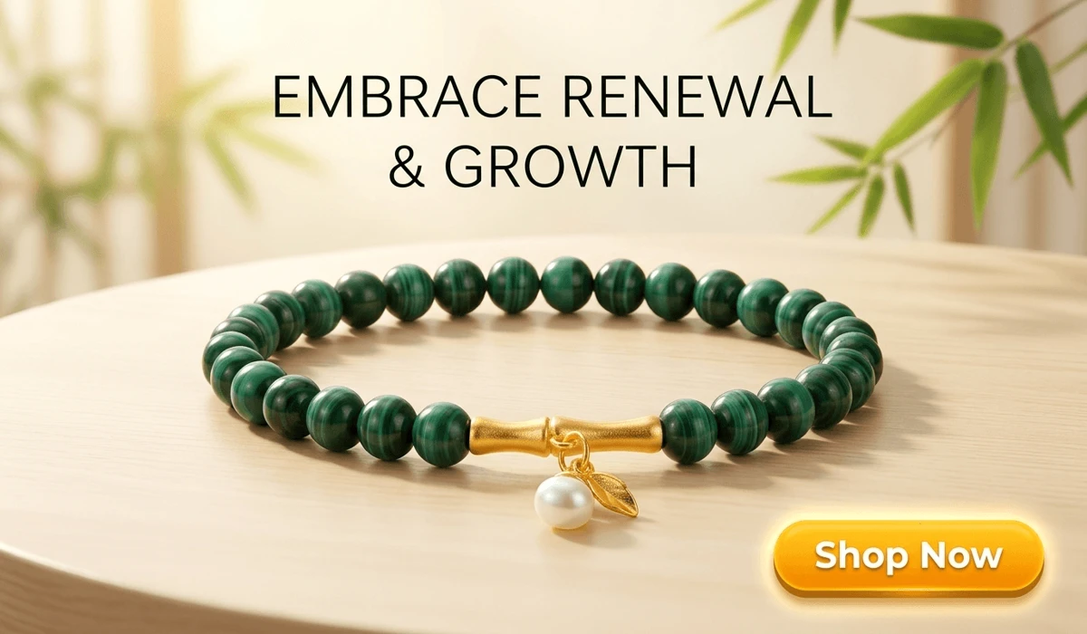 Is Malachite Jewelry Safe to Wear? A Complete Guide to Handling and Safety 3 - Buddha Bodhis Natural 5mm Malachite and Golden Bamboo Bracelet for transformation and growth, featuring green gemstone beads and a gold bamboo charm on a Zen-inspired background with a Shop Now button.