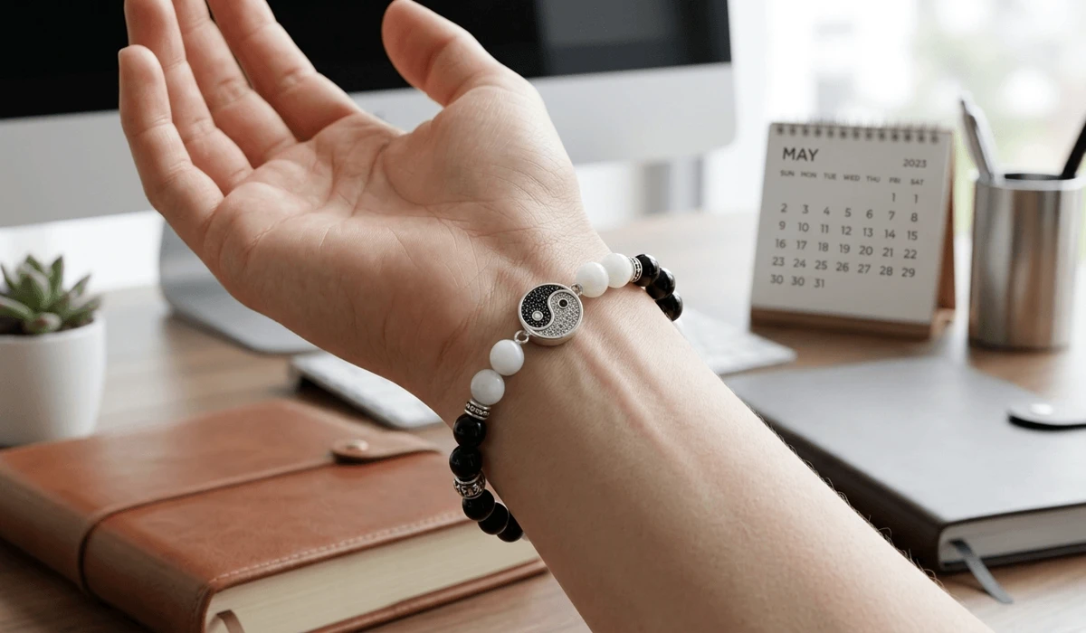 Finding Harmony: A Guide to Balancing Yin and Yang Energy in Your Body 3 - Buddha Bodhis Close-up of a Taiji bracelet on the left wrist to receive balancing Qi energy according to Feng Shui principles.