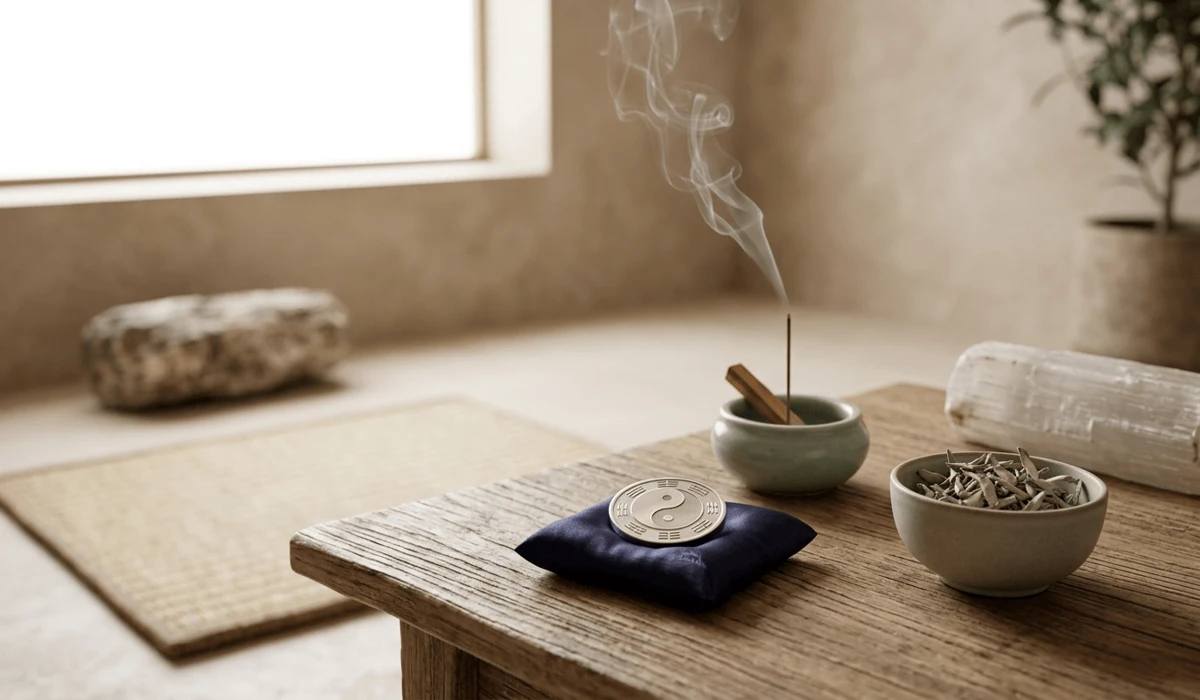Finding Harmony: A Guide to Balancing Yin and Yang Energy in Your Body - Buddha Bodhis A peaceful Feng Shui ritual space featuring a Taiji talisman, sandalwood incense, and purification tools for energy realignment.