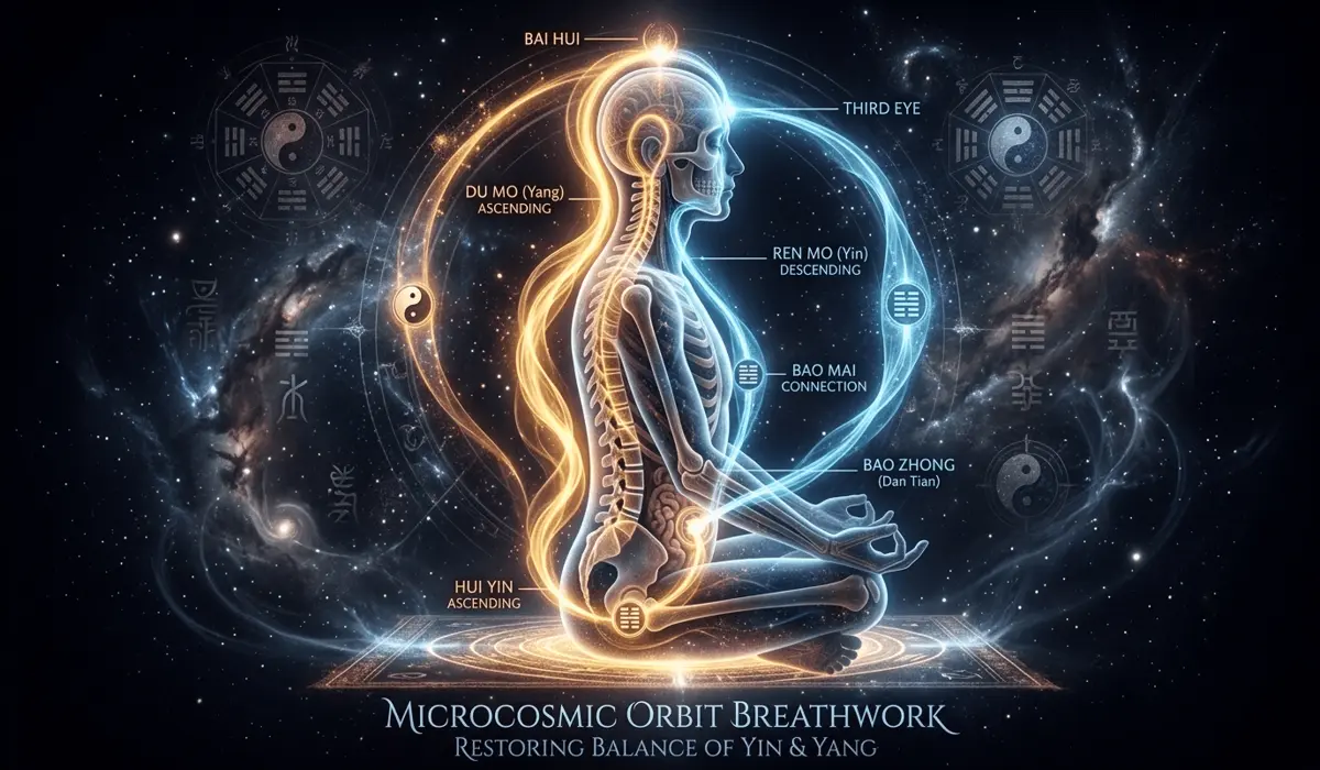 Finding Harmony: A Guide to Balancing Yin and Yang Energy in Your Body 1 - Buddha Bodhis Digital illustration of the Microcosmic Orbit breathwork showing the circulation of Yang and Yin energy through the body's meridians.