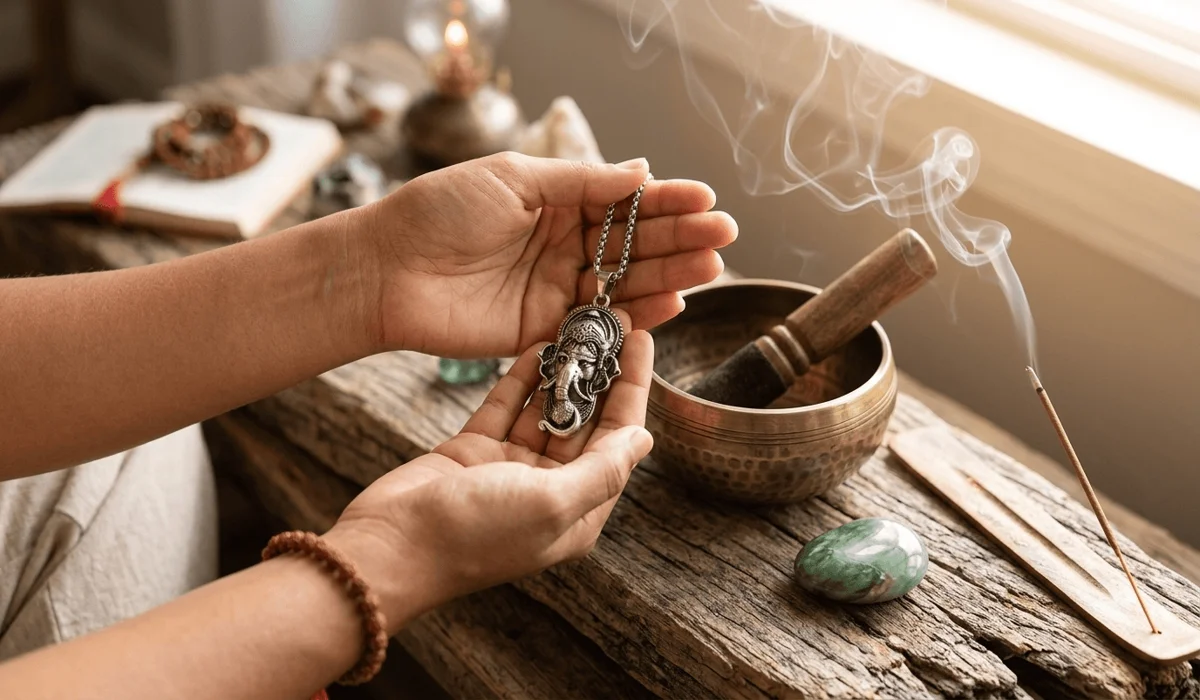 The Spiritual Benefits of Wearing a Ganesha Pendant for Success and Prosperity 4 - Buddha Bodhis A person charging a Ganesha pendant during a spiritual mindfulness ritual for success.