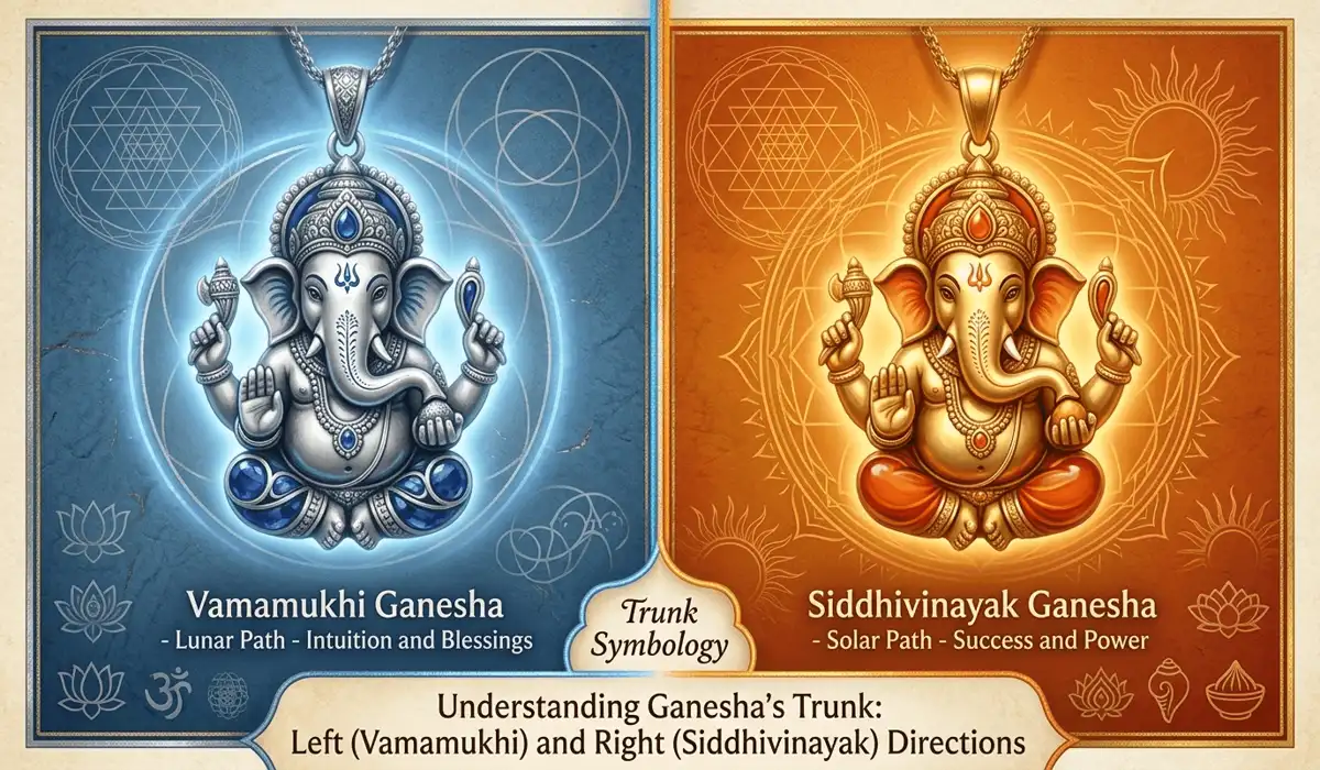 The Spiritual Benefits of Wearing a Ganesha Pendant for Success and Prosperity 3 - Buddha Bodhis Comparison of Ganesha pendant trunk directions representing lunar and solar spiritual energies.