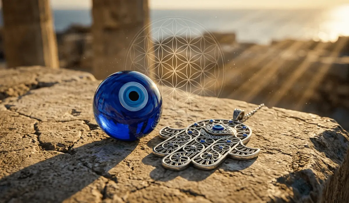 Hamsa Hand vs. Evil Eye: Understanding the Differences and How to Wear Them Together - Buddha Bodhis A close-up of a blue glass Evil Eye and a silver Hamsa Hand resting on ancient stone, symbolizing spiritual protection and ancient lore.