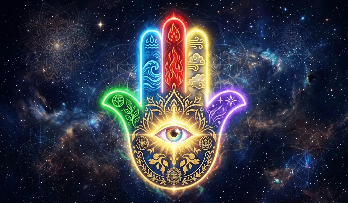 Hamsa Hand vs. Evil Eye: Understanding the Differences and How to Wear Them Together 1 - Buddha Bodhis Detailed illustration of a Hamsa Hand with glowing fingers representing the five elements and a central eye radiating a golden protective aura.