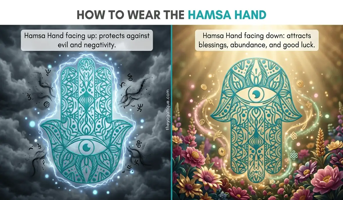 Hamsa Hand vs. Evil Eye: Understanding the Differences and How to Wear Them Together 4 - Buddha Bodhis Comparison of Hamsa Hand positions: Facing up for protection against negativity and facing down for inviting blessings and abundance.