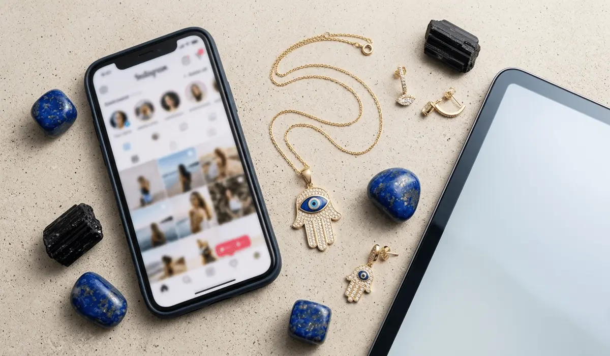 Hamsa Hand vs. Evil Eye: Understanding the Differences and How to Wear Them Together 2 - Buddha Bodhis Modern jewelry featuring the Hamsa and Evil Eye symbols next to digital devices, representing protection against digital envy and social media stress.