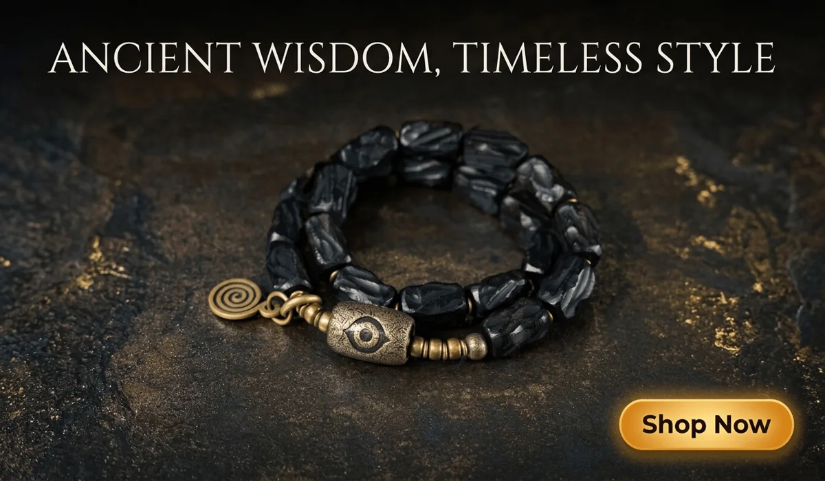 Hamsa Hand vs. Evil Eye: Understanding the Differences and How to Wear Them Together 3 - Buddha Bodhis Handcrafted Carved Ebony Evil Eye Bracelet with antique brass protection amulets on a dark rustic background - Ancient Protection Jewelry