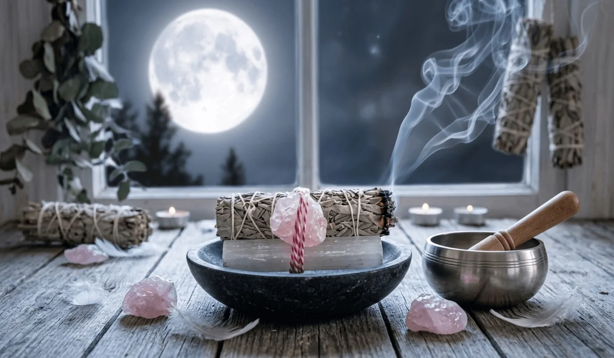 Can Selenite Go in Water? How to Clean and Care for Your Crystals Safely 1 - Buddha Bodhis Selenite crystal on a ritual altar with sage smoke and moon light, showcasing safe dry cleansing and charging remedies.